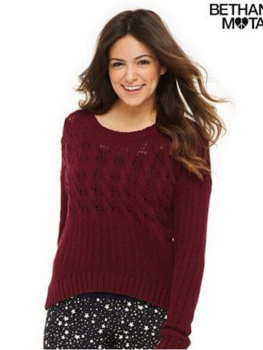 Bethany Mota Aeropostale Burgundy Cable Knit Crew Sweater